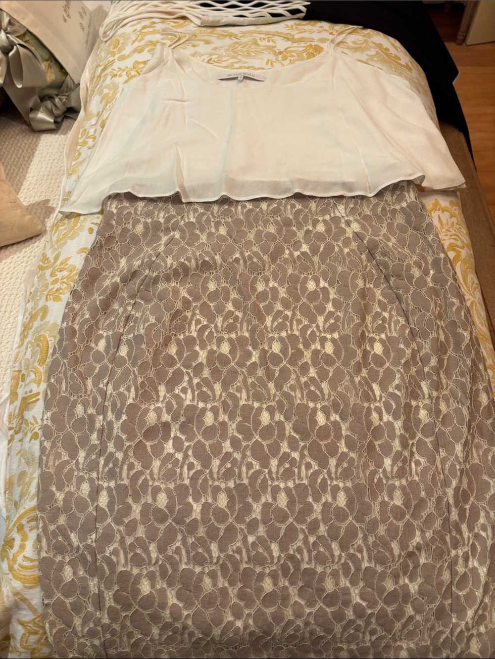 Black Halo Taupe Lace Pencil Skirt with Cream Underlayer